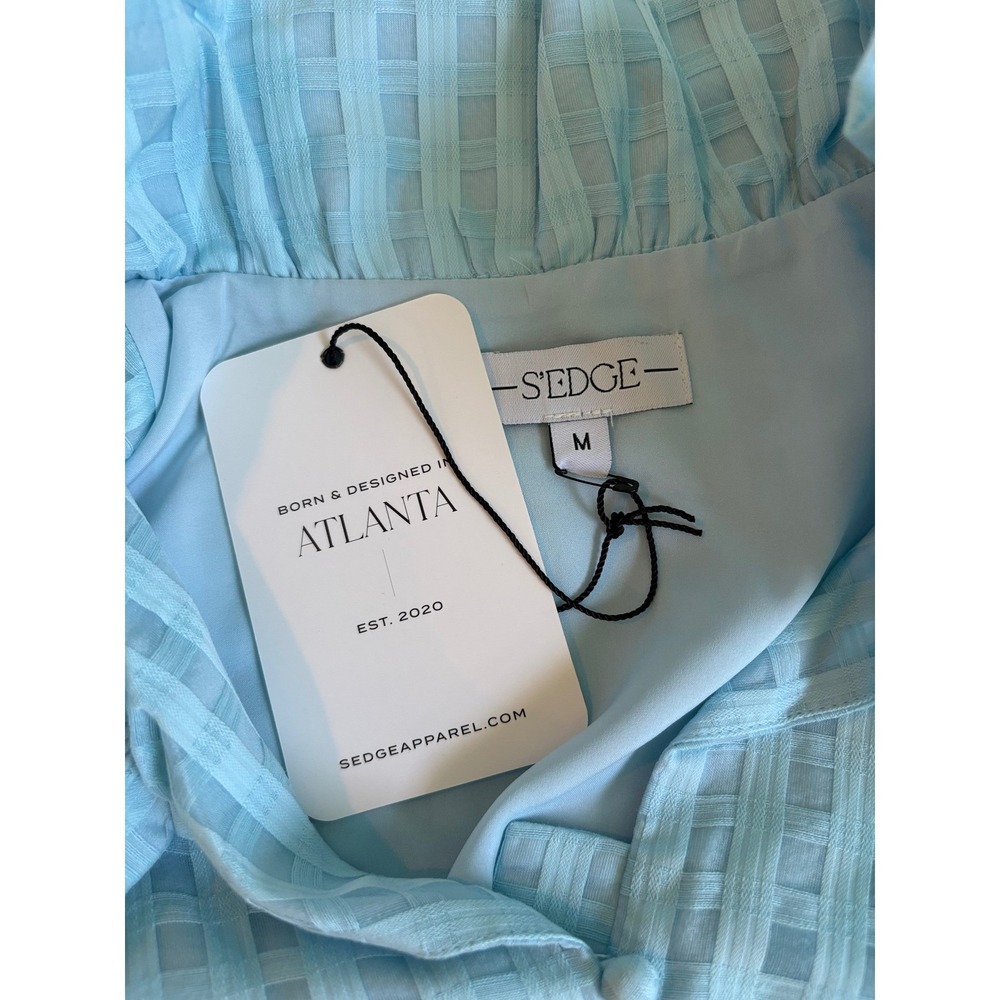 S'EDGE Blue Cotton Silk Ruffle Neck Sleeveless Shift Dress M - Picture 8 of 10